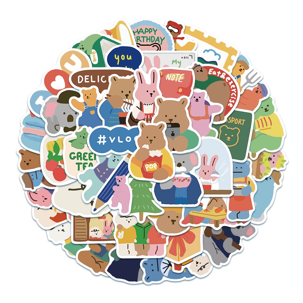 50 Pcs Korean Style Cartoon Bear Rabbit Tree Design  Reusable Stickers For Notebook Diary Decoration
