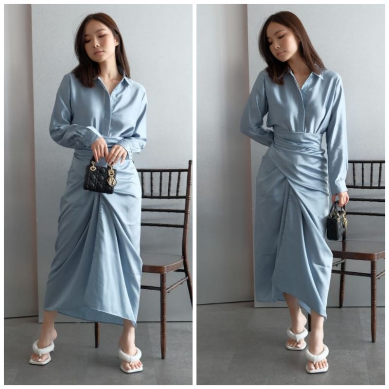 ❣️SPECIAL PRICE ♡ PREMIUM ♡ ORIGINAL ! CHRISTLE 2 IN 1 SET LONG SLEEVE COLLAR BUTTON WRAP MAXI  GAMIS / SETELAN KEMEJA &amp; ROK LILIT ( BUSUI &amp; HIJAB FRIENDLY )