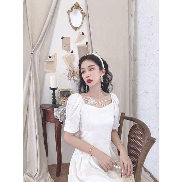 [MikanHiro Store] Elegant French 2022 Spring/Summer Retro Fairy Dress with Puff Sleeves and Thin WaistSuper fairy light cooked midi skirt butterfly