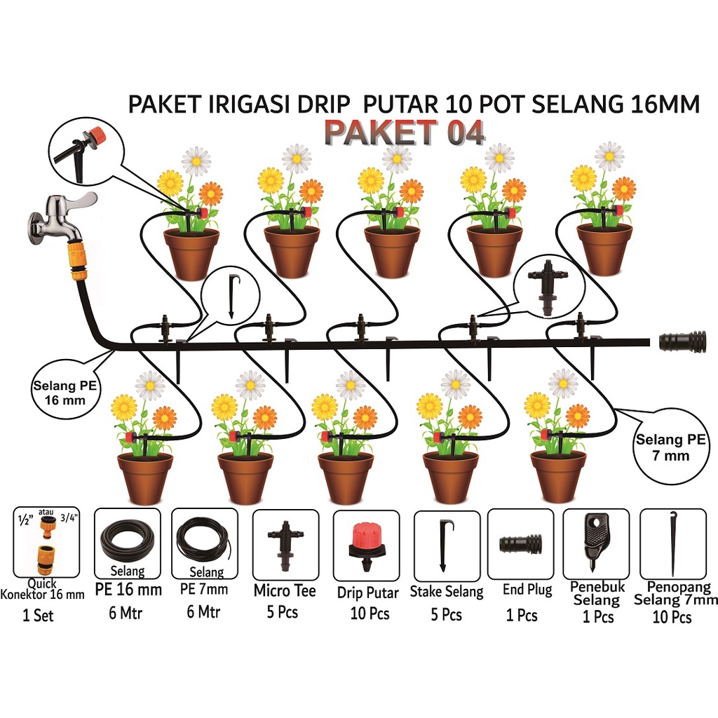 Irigasi Drip Putar Paket Irigasi Drip Putar 10 Pot Selang 16 mm untuk Sistem Penyiraman Tanaman Puta