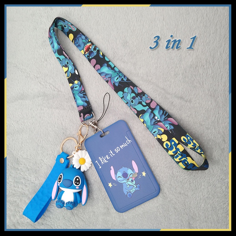 3 In 1 Tali Lanyard Gantungan Kunci Desain Kartun Stitch 3D Holder Handphone / Kartu ID / Bus