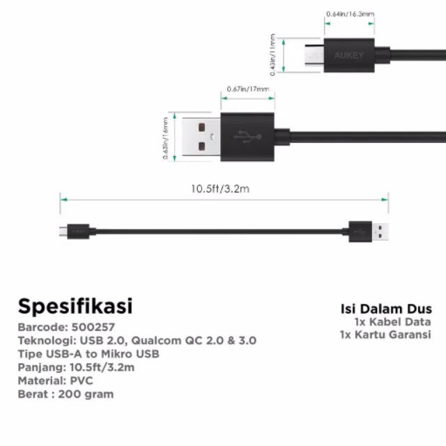 Aukey Cable 3.2M Micro USB 2.0 Kabel Charger