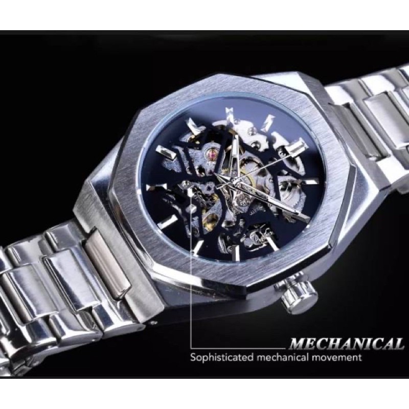 Jam Tangan Forsining Oak Automatic Transparan Mewah Berkelas Silver Black