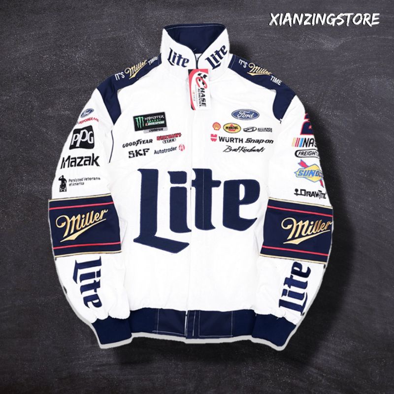 JAKET NASCAR MILLER LITE WHITE VINTAGE FULL BORDIR VINTAGE 1:1 RACING JAKET NASCAR CHASE FULL BORDIR
