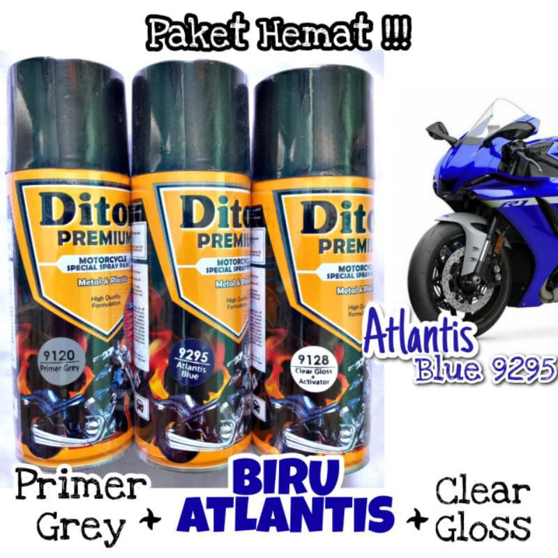 Paket Pylox Diton Premium 400ml Primer Grey 9120 + Atlantis Blue 9295 + Clear 9128 , Biru Yamaha Met