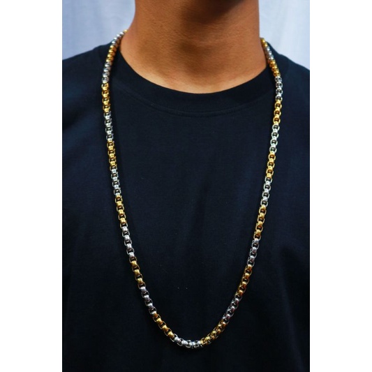 kalung titanium warna gold list silver model chainbox / kalung pria anti karat terbaru