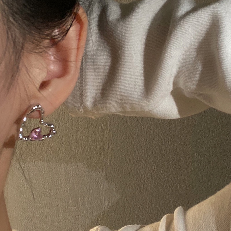 Anting Stud Kristal Zircon Bentuk Hati Ganda Warna Pink Untuk Wanita