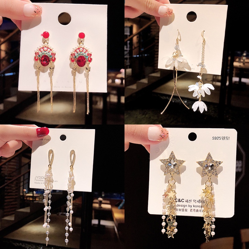Shuling Fashion Wanita Anting925 Perak Jarum Anting Panjang Retro Mutiara Rumbai Drop Earrings Collection