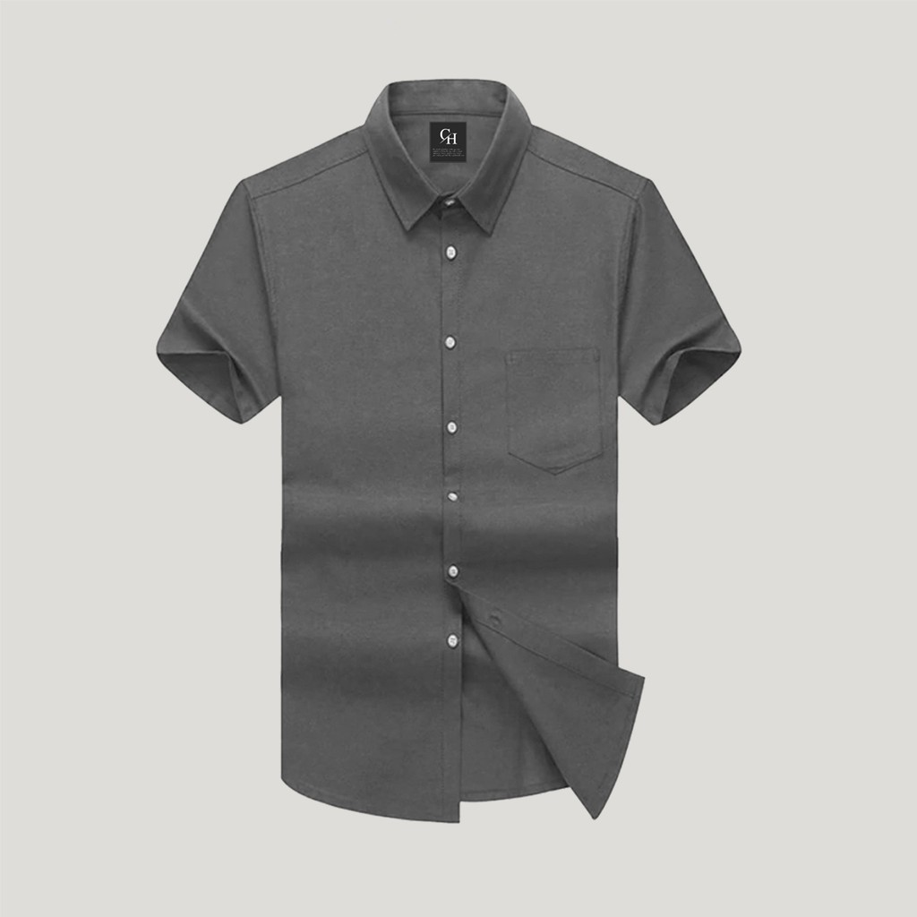 BISA BAYAR DITEMPAT - VISCO Kemeja Pria Lengan Pendek Hitam Polos Hem Pria Casual Bahan Tebal