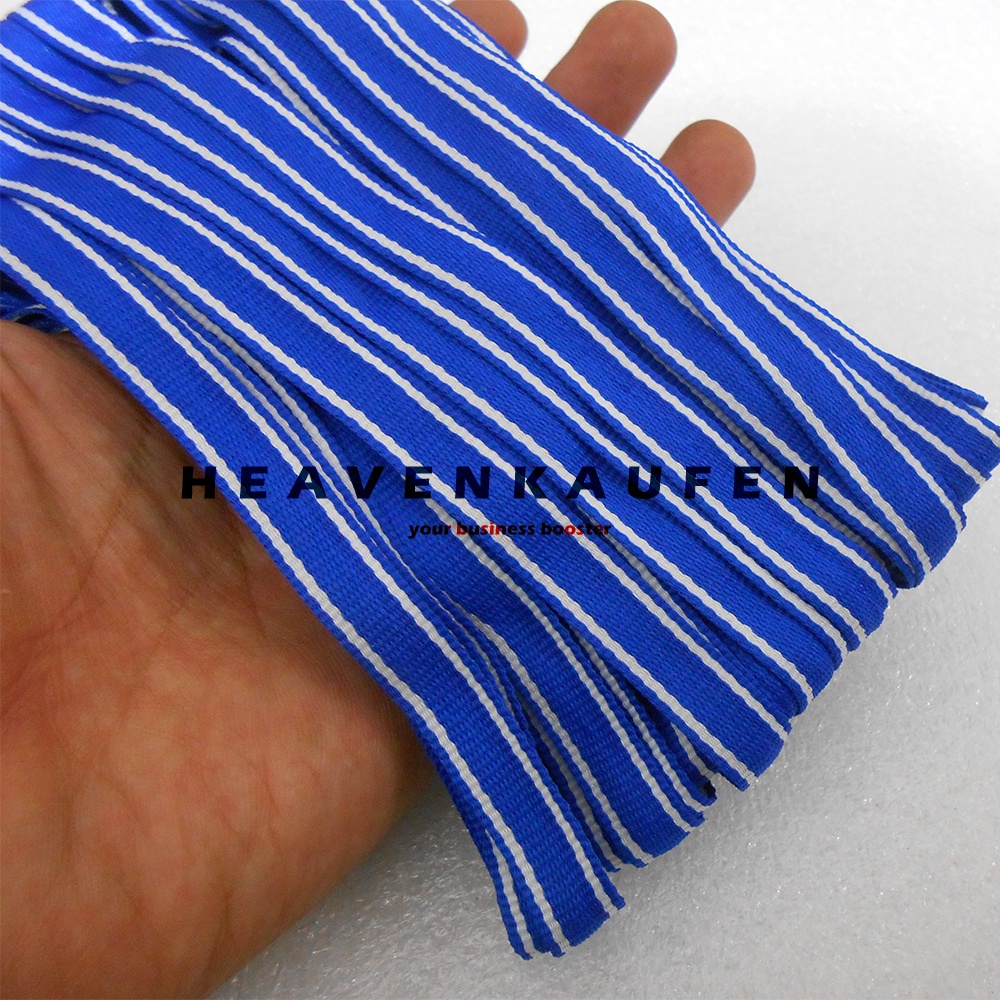 Webbing Strip Halus Lebar 1 cm Warna Biru Strip Putih Harga Per Rol isi 18 Meter