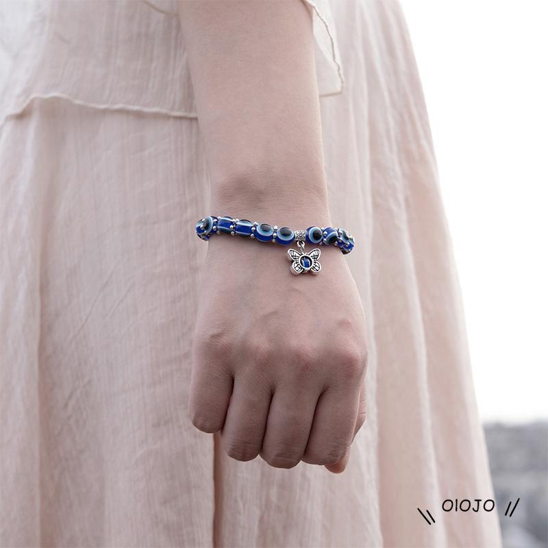 Gelang Tali Rantai Elastis Hias Manik-Manik Kaca Bulat Mata Iblis Biru Gaya Klasik Wish ol2
