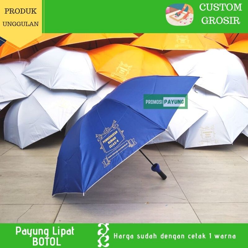 [ PAYUNG CUSTOM GROSIR ] Payung lipat 3 bungkus botol rangka anti angin sablon cetak 1 warna