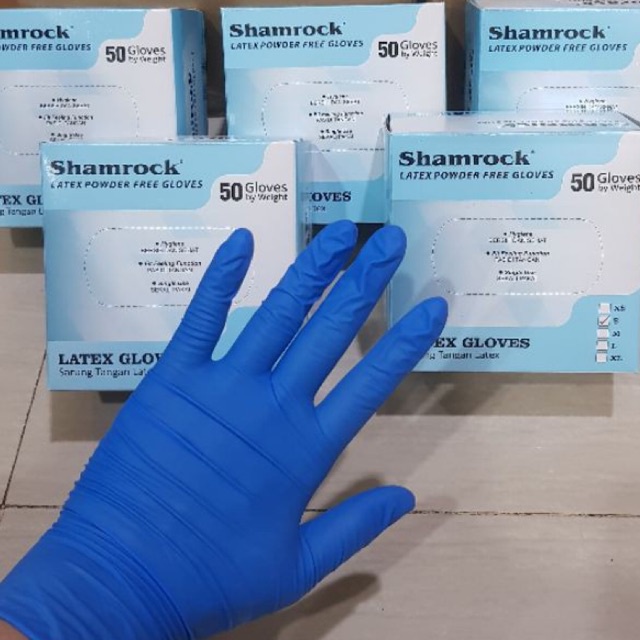 Handscoon SHAMROCK Blue Ecer Sepasang Sarung Tangan Karet Lateks Latex Powder Merek Merk Warna Warni