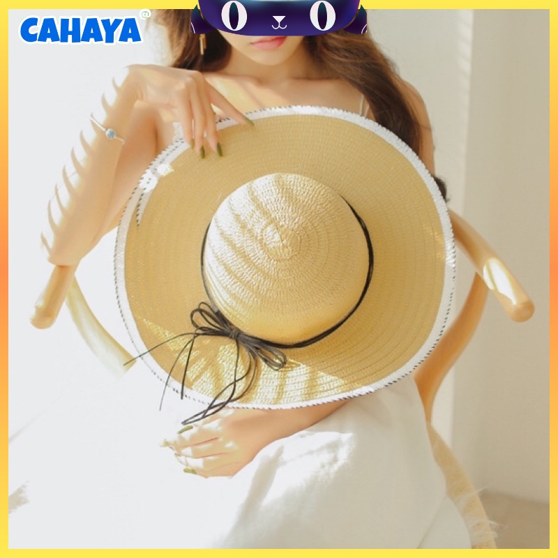 CAHAYA Topi Pantai Lebar Wanita Pita Hitam Papper Import Musim Panas T84