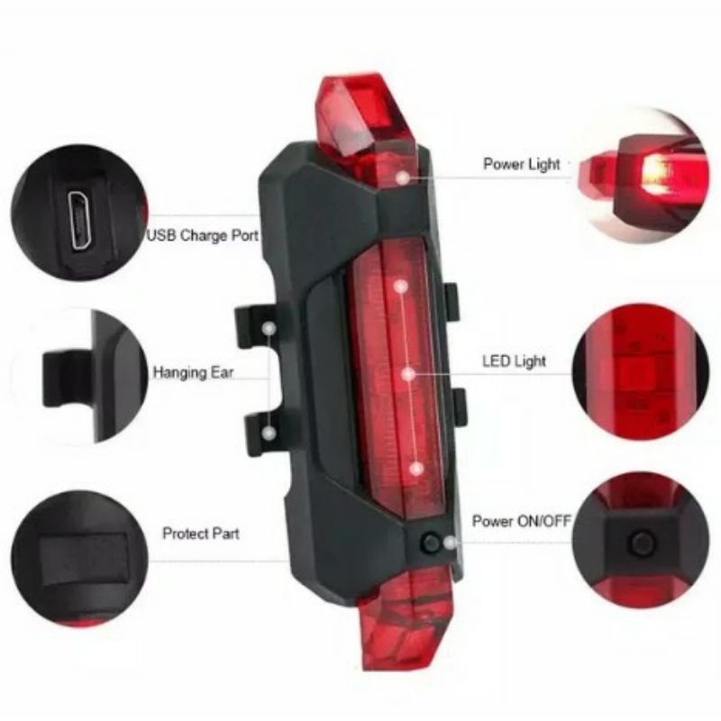 Lampu LED sepeda belakang hias rgb merah kelap kelip recharge portable waterproof 4 mode