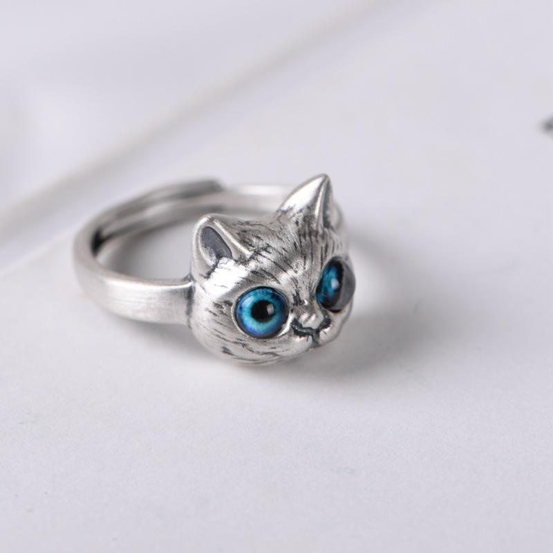 Cincin Wanita Desain Kepala Kucing Mata Besar Gaya Casual Adjustable Untuk Pestahadiah