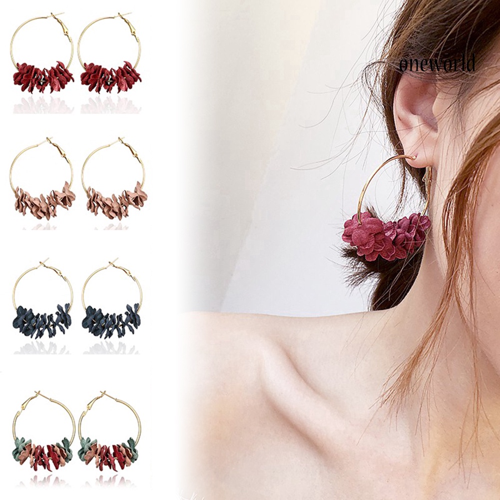 OW@ Women Fashion Metal Plated Dried Flower Round Hoop Earrings Party Jewelry Gift