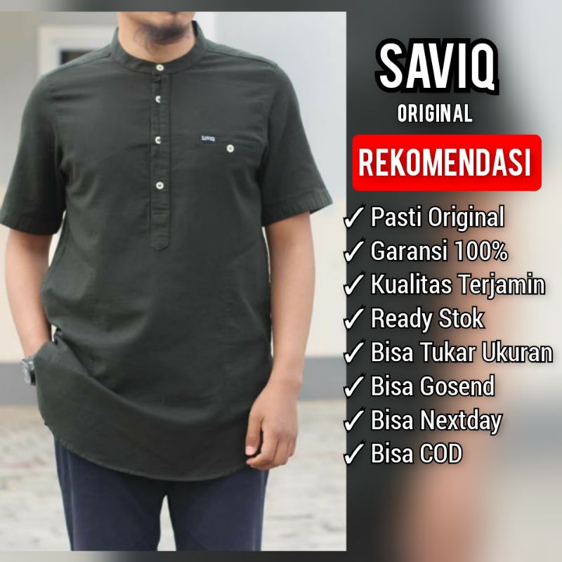 SAVIQ kurta lengan pendek baju muslim linen pria koko pakistan warna hijau army kode KQS3004