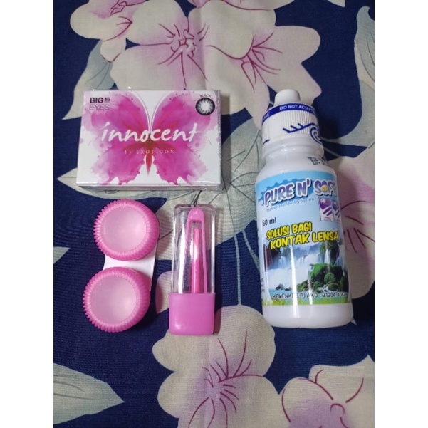 COD Paket Softlens X2 Innocent Dia 16 + Air Softlens Pure n Soft 60ml + Pinset + Lenscase