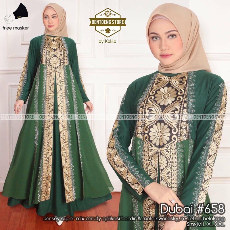 DUBAI 658  BY OENTOENG STORE / ABAYA PESTA BAHAN JERSEY MIX CERUTY WARNA HIJAU BOTOL