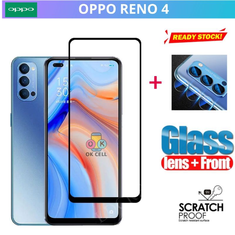 2in1 Tempered Glass Oppo Reno 4 - TG Anti Gores Layar Kamera Oppo Reno4 Full Layar Screen Protector