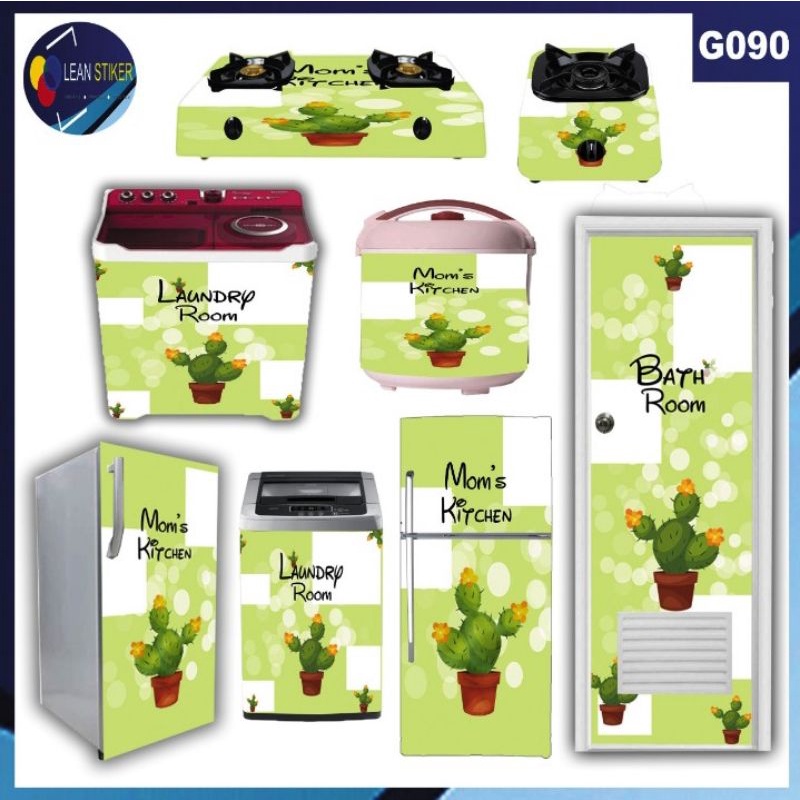 stiker variasi kulkas 1 dan 2 pintu,kompor,magicom,mesin cuci,pintu kamar mandi motif kaktus hijau t