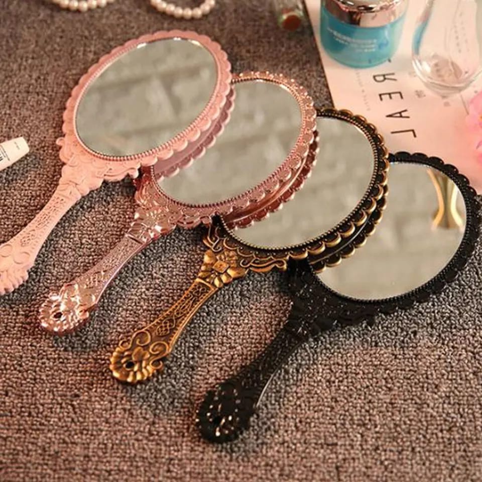 Cermin Genggam Cermin Gagang Makeup Handle Vintage Dengan Motif Ukir Mirror Portable F816