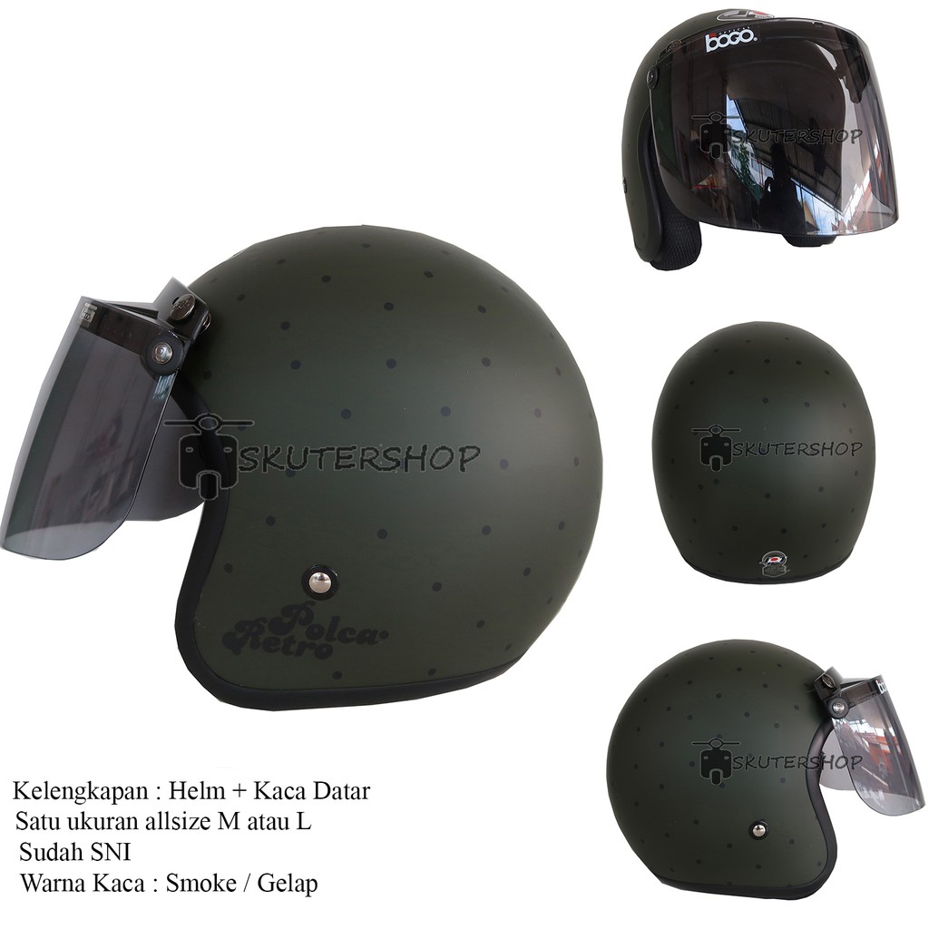 Helm JPN Bogo Retro Klasik Polkadot Polca Retro Hijau Doff Dot Hitam Kaca Datar Ori