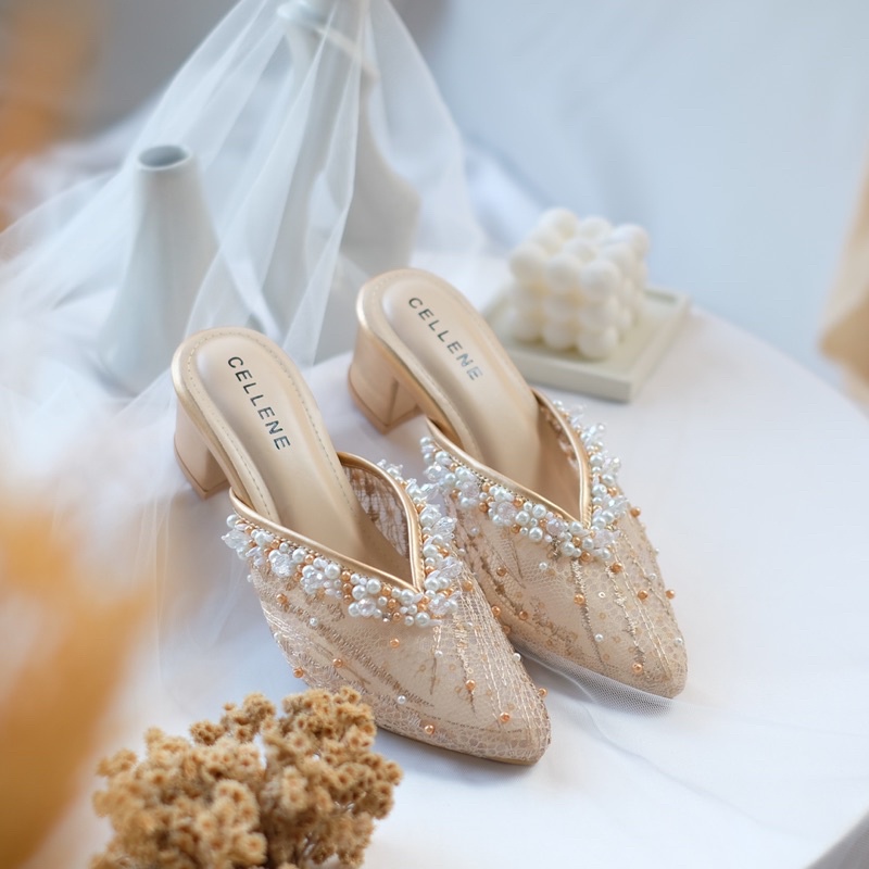 CELLENE Brenda Beads Heels (2warna) / wedding shoes sepatu pengantinbrukat payet putih heels 5cm