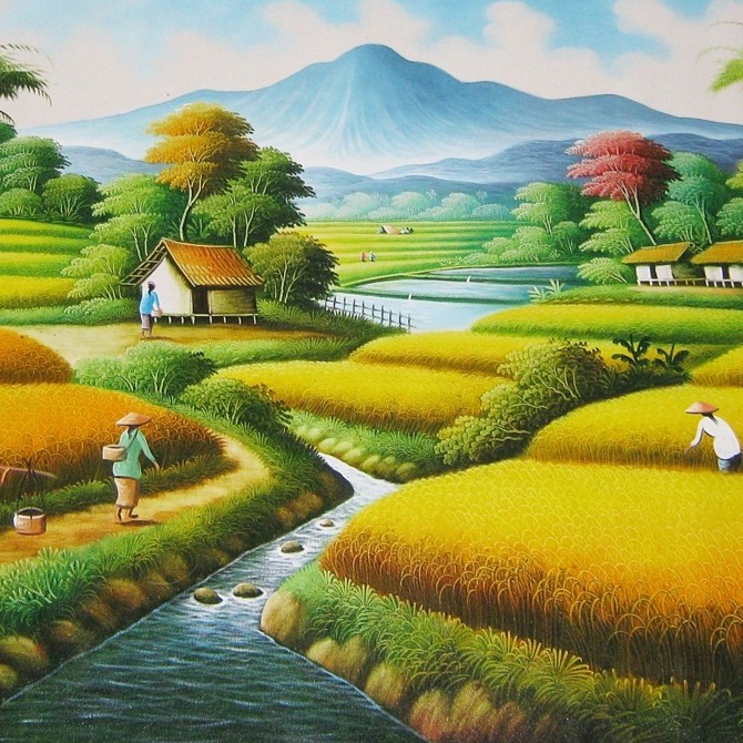Lukisan Pemandangan Panen Padi dan Gunung Shopee Indonesia