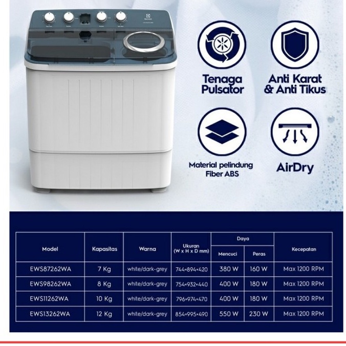 MESIN CUCI ELECTROLUX EWS 98262 WA 8KG EWS98262WA 2 TABUNG GERMAN TECH