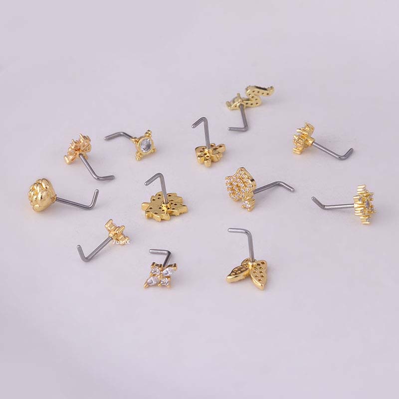 1pc Anting Tindik Hidung Bentuk L Bahan Stainless Steel Hias Zircon 20gauge Butterflylebahbunga Mawar