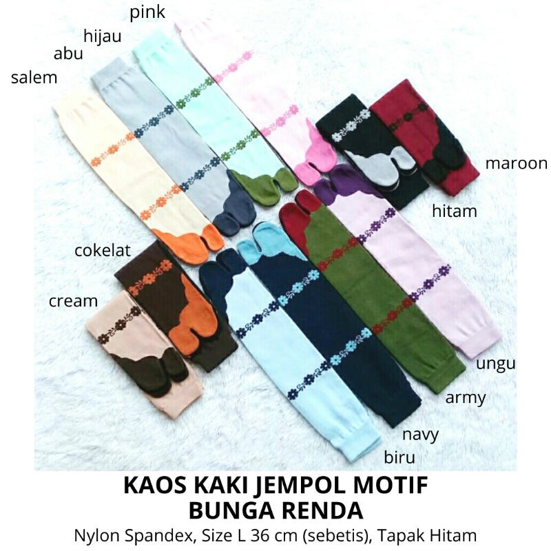 Kaos Kaki Jempol Wanita Muslimah Motif Bunga Renda (Nylon Spandex Size L Tapak Hitam Panjang Murah)