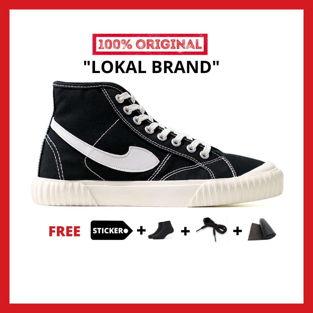 ORIGINAL - Sepatu Brand Lokal Kasual Pria Wanita No Brand Black White Hi Not Sneakers Compass Vintage Hitam Putih Tinggi