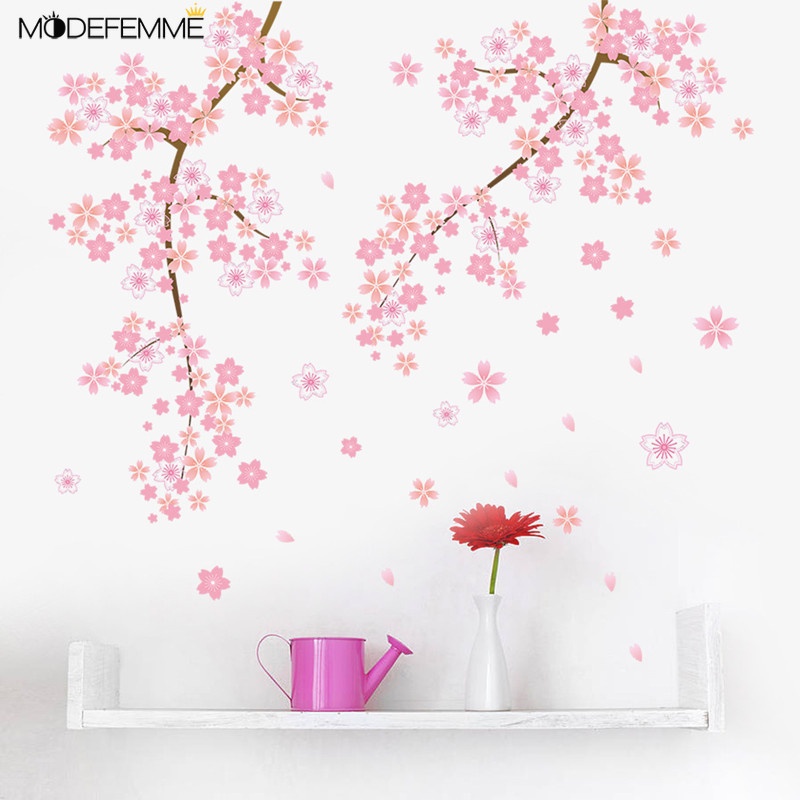 Stiker Dinding Motif Bunga Plum Blossom Warna Pink Untuk Dekorasi Ruang Tamu / Kamar Tidur