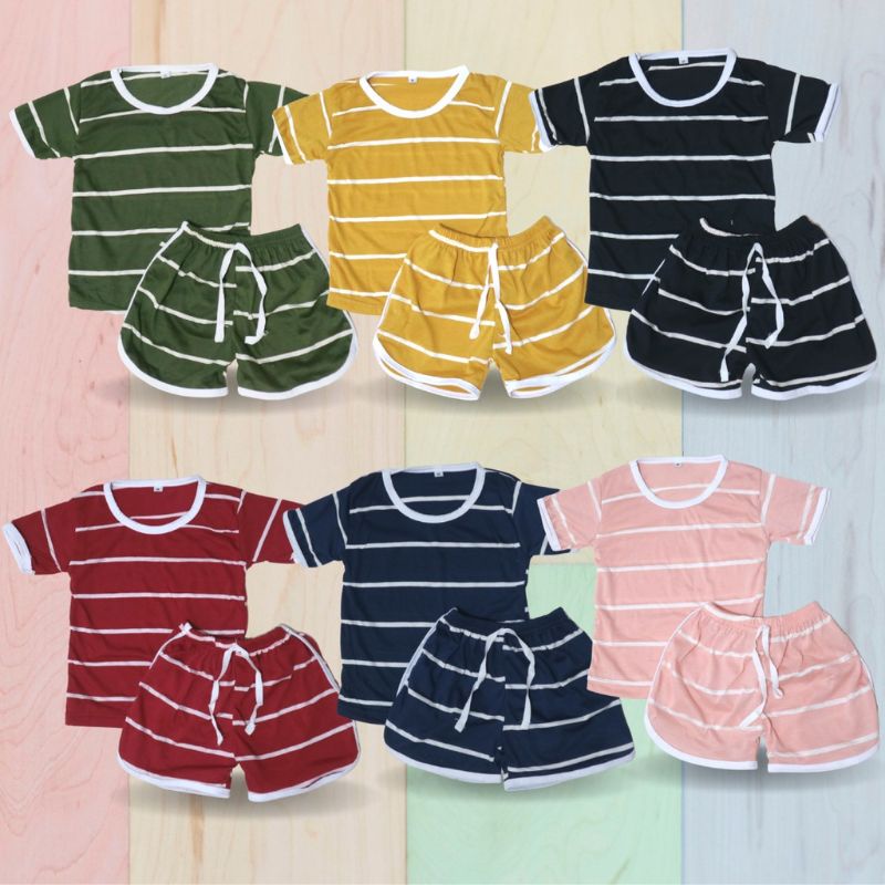 DK Setelan SALUR LIST Baju Pendek Celana Pendek Bayi Anak Unisex