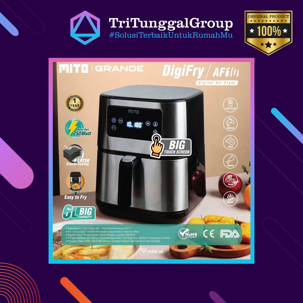 (BAYAR DI TEMPAT) AIR FRYER MITO MITOCHIBA / DIGITAL AIR FRYER Touch Screen Low Watt MITO 6 LITER AF