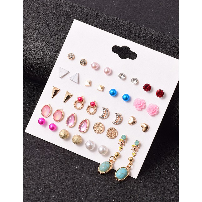 LRC Anting Set Fashion Suit Diamond Heart Resin Pearl Geometric Stud Earring Set P59183