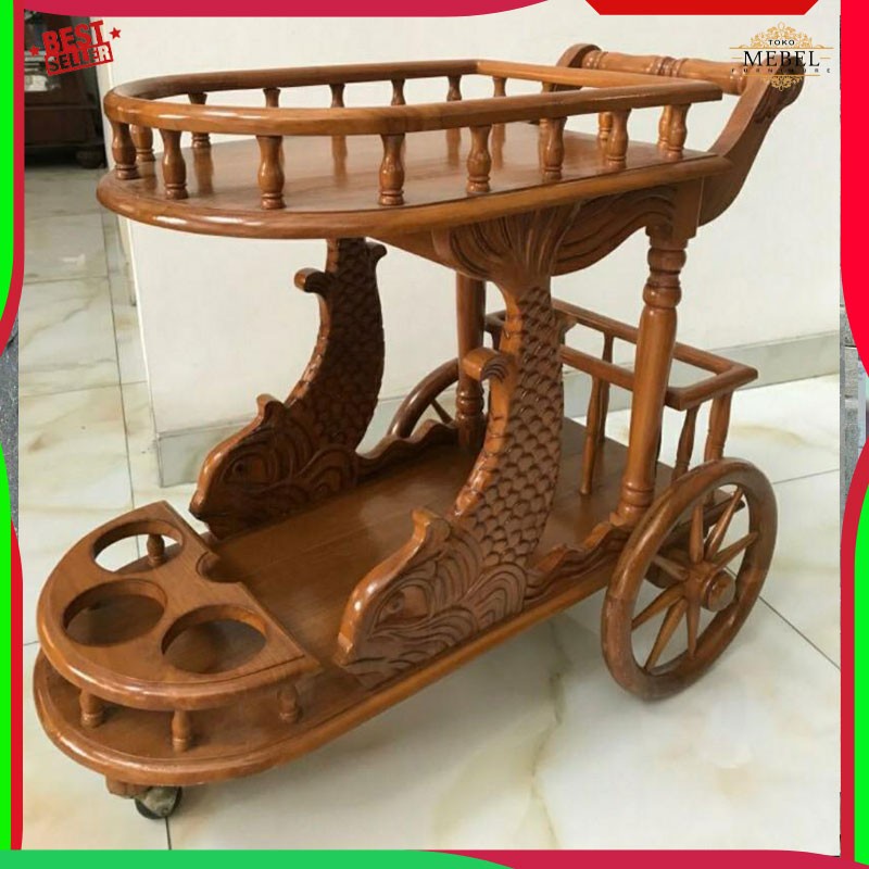 Troli Meja Nampan Dorong Ukiran Ikan Kayu Jati mebel jepara