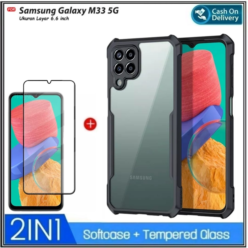 PAKET 2IN1 Case Samsung M33 5G Hard Soft Fusion Armor Shockprooft TPU HD Trasnparan Acrylic Casing HP Cover Free Tempered Glass DI ROMAN ACC
