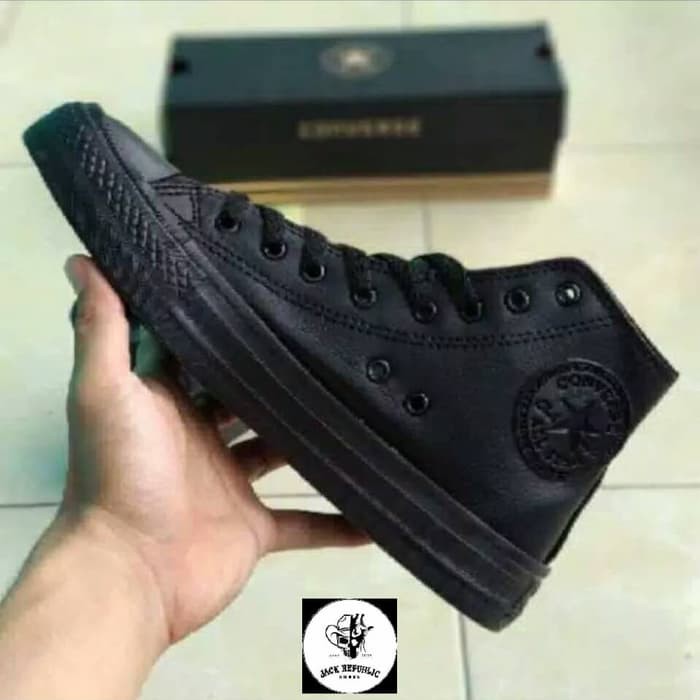 SEPATU SNEAKERS CONVERSE ALLSTAR HIGH FULL BLACK KULIT PREMIUM ORI