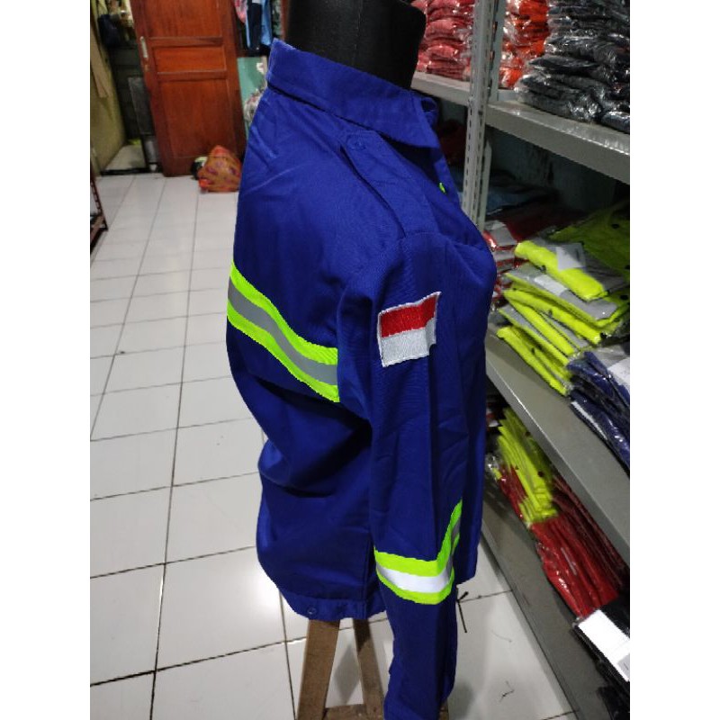 BAJU SERAGAM SAFETY BIRU BENHUR BCA KANCING SCOTLIGHT 5CM HIJAU FREE LOGO K3 BENDERA