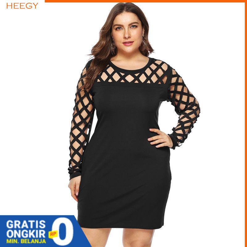 Dress Jumbo Pesta Bodycon Bandage Hollow L-4XL - Baju Big Size Untuk Wanita