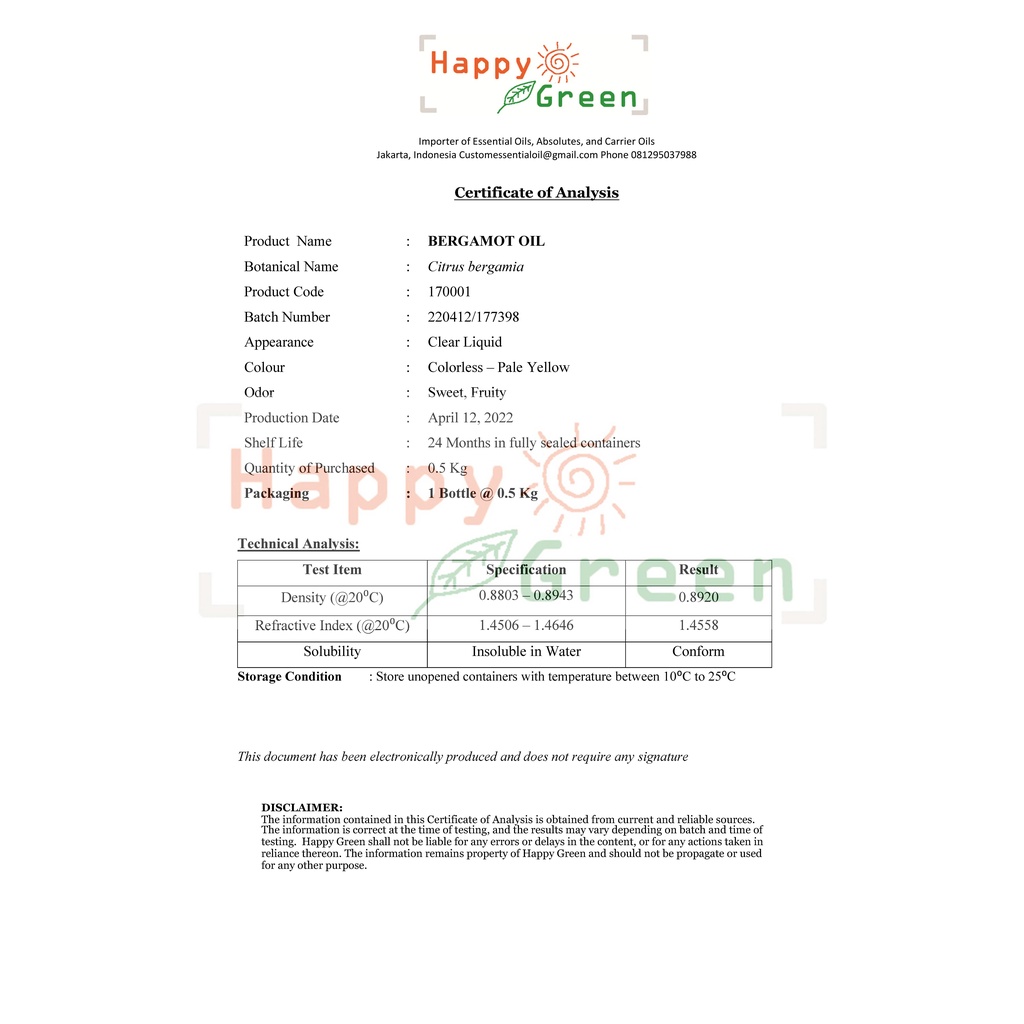 BPOM approved Happy Green Bergamot Essential Oil - Minyak Jeruk Bergamot Italian Murni Garansi Uang Kembali