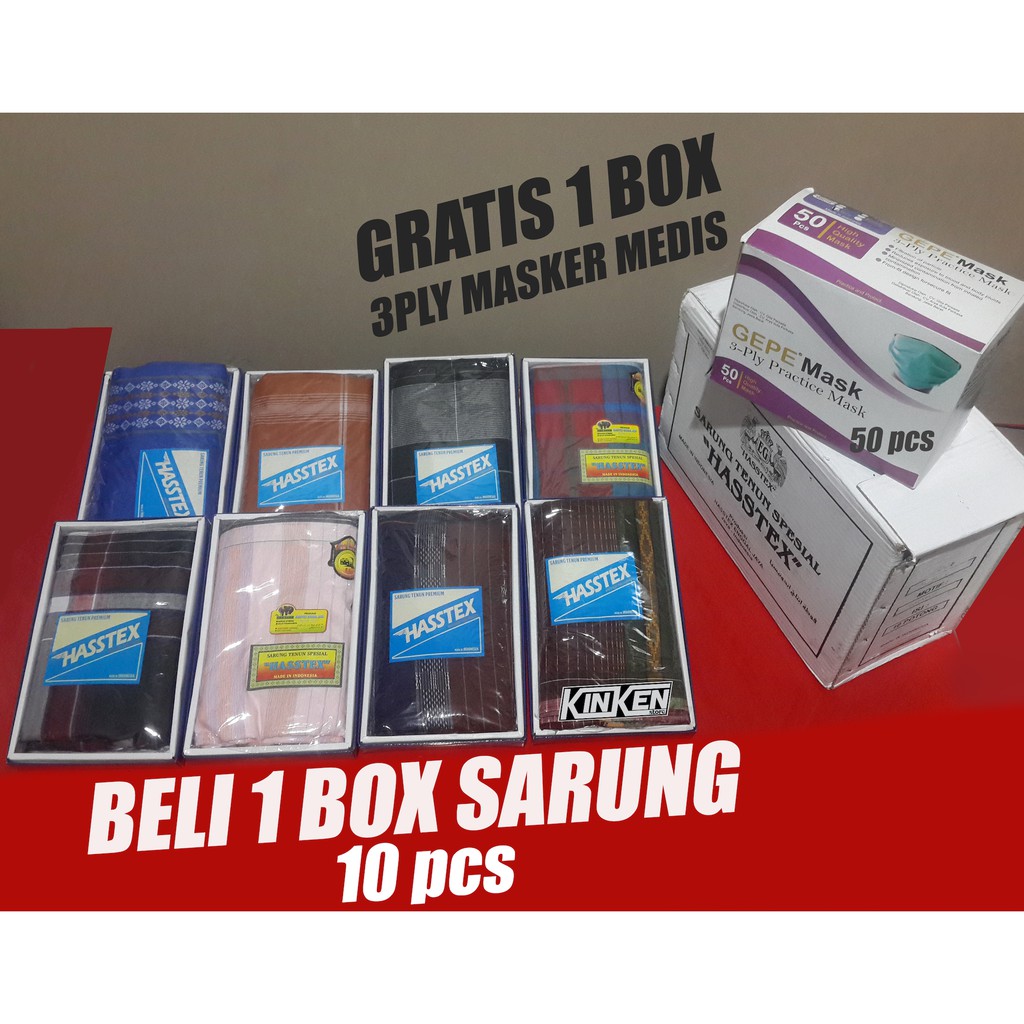 PROMO 1 Box Sarung Tenun Hasstex Bonus + 1 Box Masker Medis 3 ply