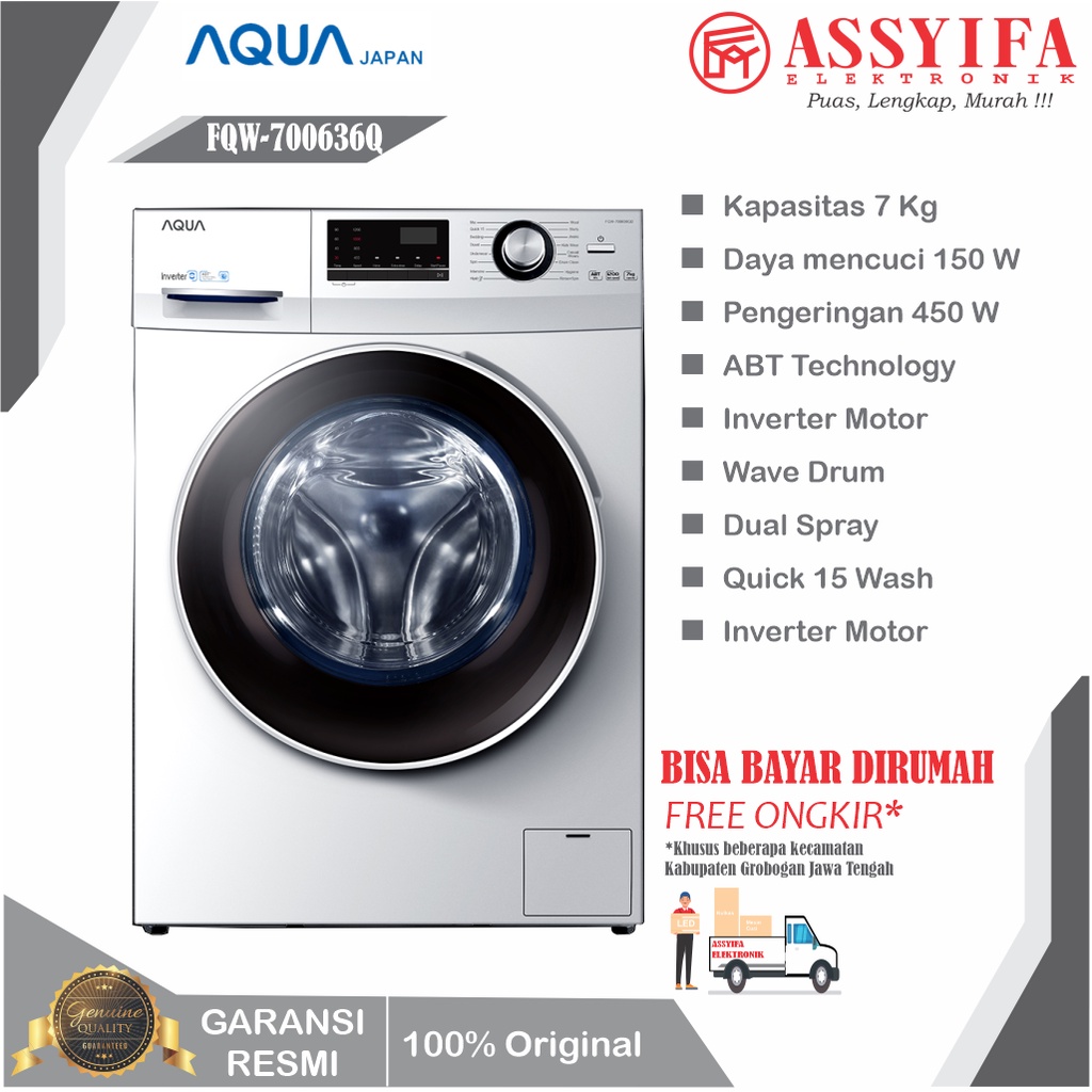 MESIN CUCI AQUA JAPAN FRONT LOADING 7KG INVERTER SERIES FQW 700636QD