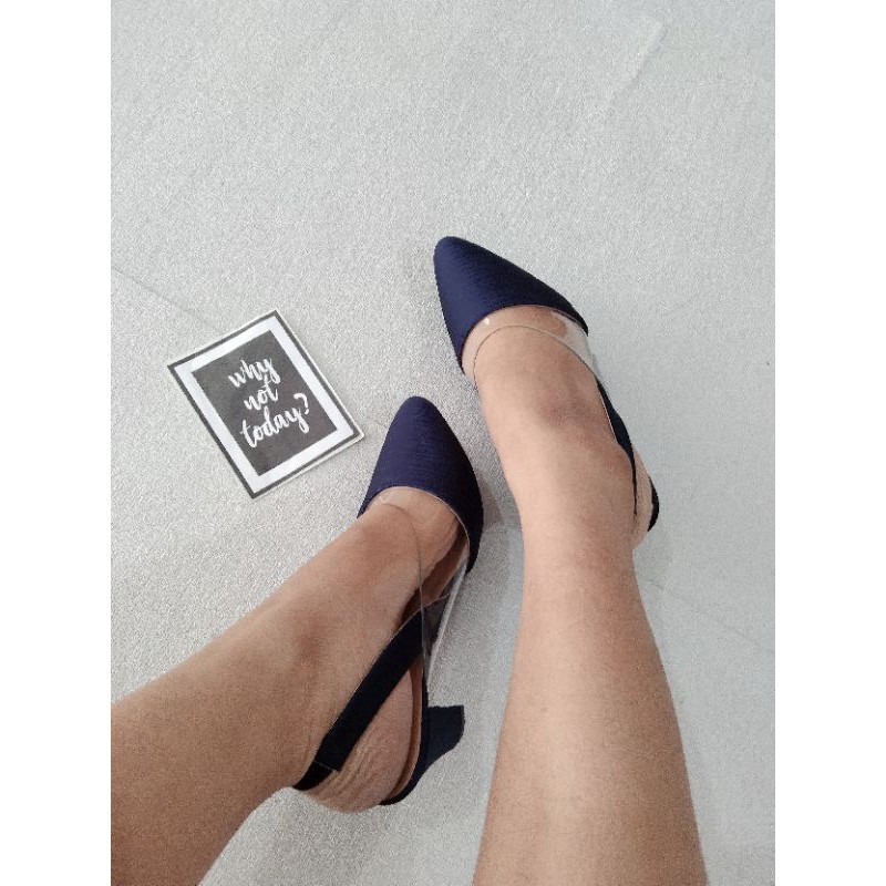 LOUISDEAR Sendal heel tapak tahu 7 cm bahan satin transparant TB P37