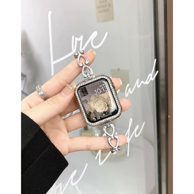 Stainless strap wanita rantai Apple watch series 8 5 4 6 2 3 7 cuff love hati chain aksesoris iwatch 45mm 42mm 44mm 41mm IWO lucu