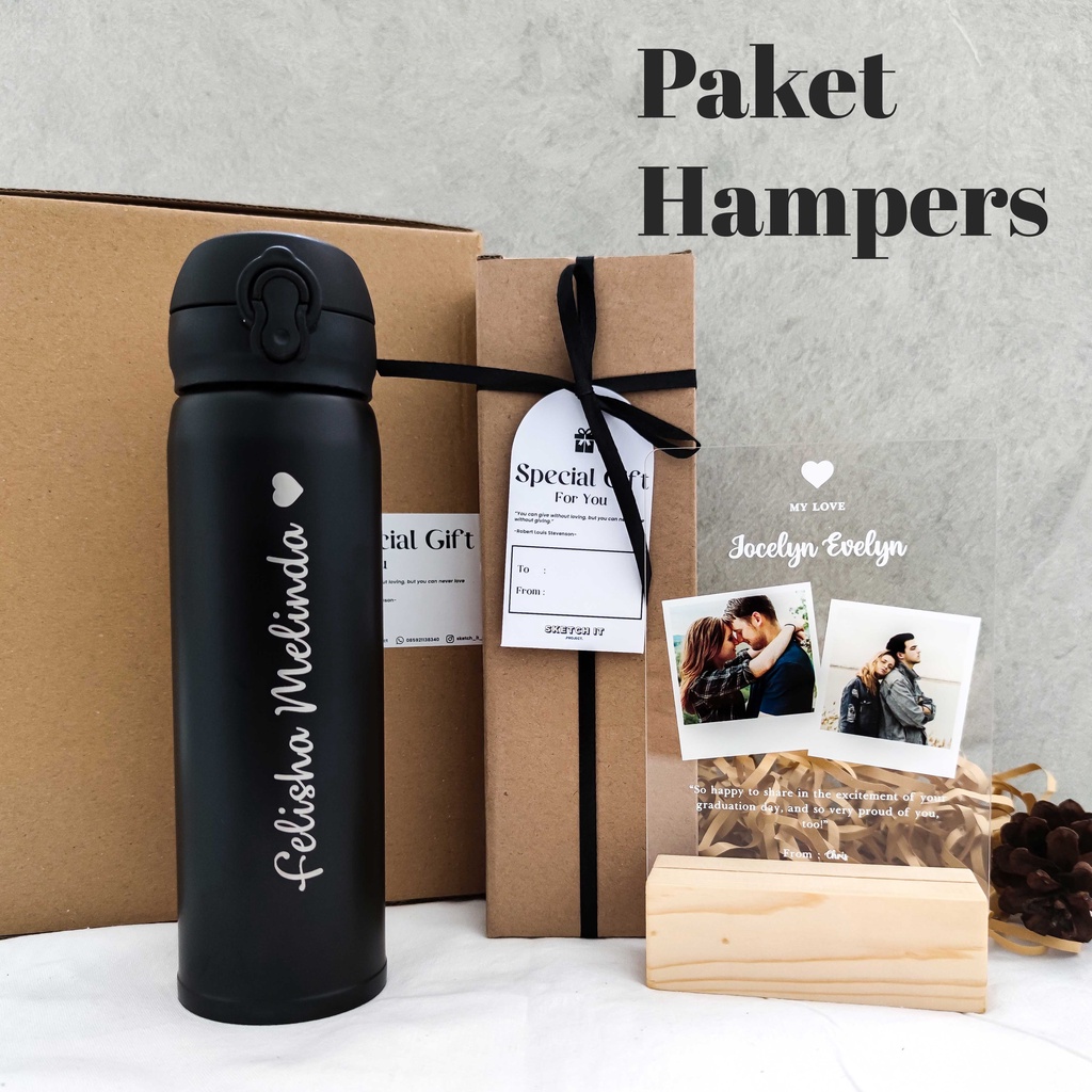 Paket Hampers Tumbler Custom + Akrilik Custom Polaroid A6 dengan Stand Kayu cocok untuk Kado Ulang Tahun Wisuda Graduation Hadiah Gift Pacar Cewek Cowok Pria Wanita