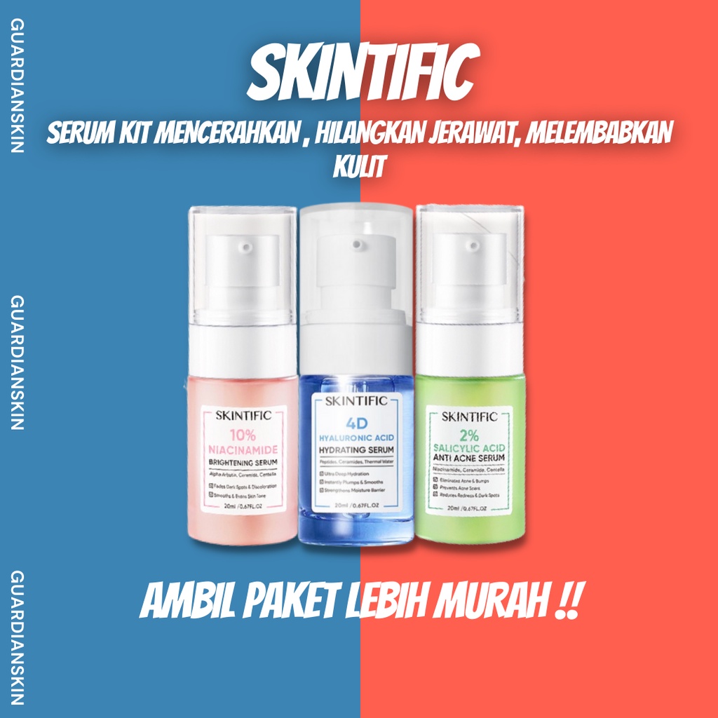 SKINTIFIC -Serum Kit - 2% Salicylic Acid Anti Acne Serum, 10% Niacinamide Brightening Serum 20Ml Serum Mencerahkan, 4D Hydrating Serum melembabkan kulit